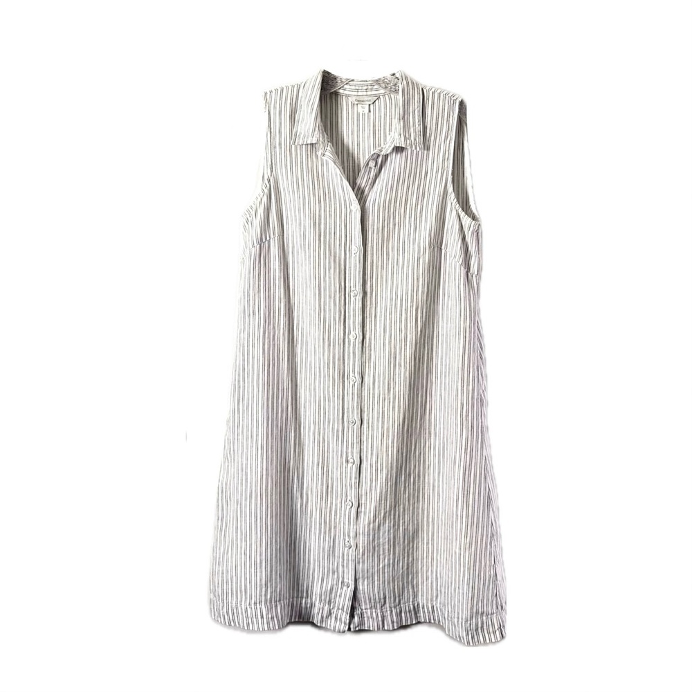 Garnet Hill Sleeveless 💯 Linen Button Down Shirt Dress in Pinstriped Pattern